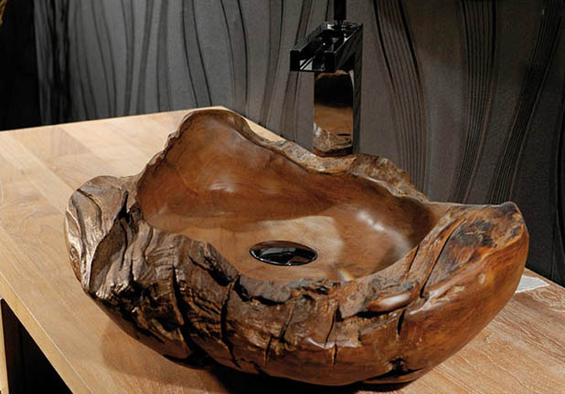 wasbak en opzetkop teak uitgehold hout